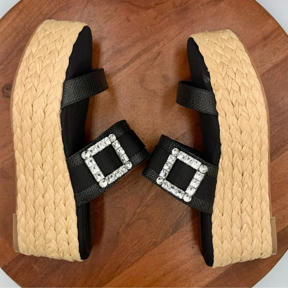 Deltan Collins Raffia Embellished Buckle Platform Slide Sandals Womens 8.5‎